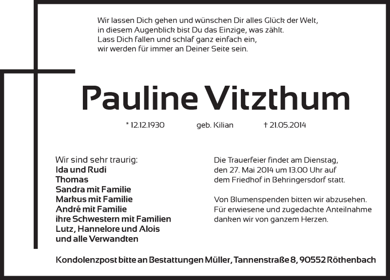  Traueranzeige für Pauline Vitzthum vom 24.05.2014 aus Pegnitz-Zeitung